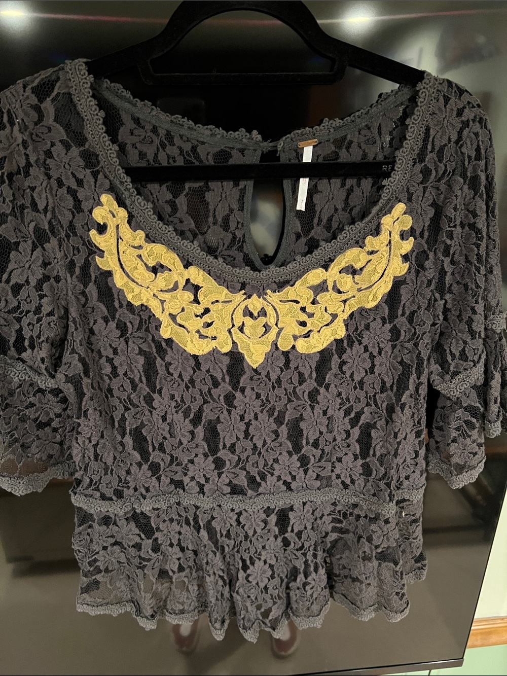 Free People Charcoal Lace Blouse with Gold Applique